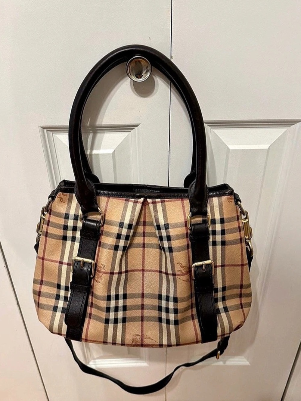 Burberry Northfield Convertible Tote Small Haymarket Check Canvas Brown Leather